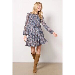 Evereve Isla Flirty Dress S Blue Multicolor Elastic Waist Puffy Sleeve